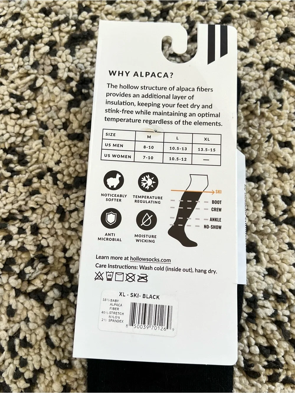 Hollow Alpaca Ski Socks All Day Warmth Black Size XL